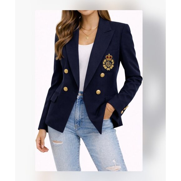 Lauren Ralph Lauren Jackets & Blazers - Lauren Ralph Lauren Blazer Womens 14P Blue Double Breasted Gold Crest Jacket USA